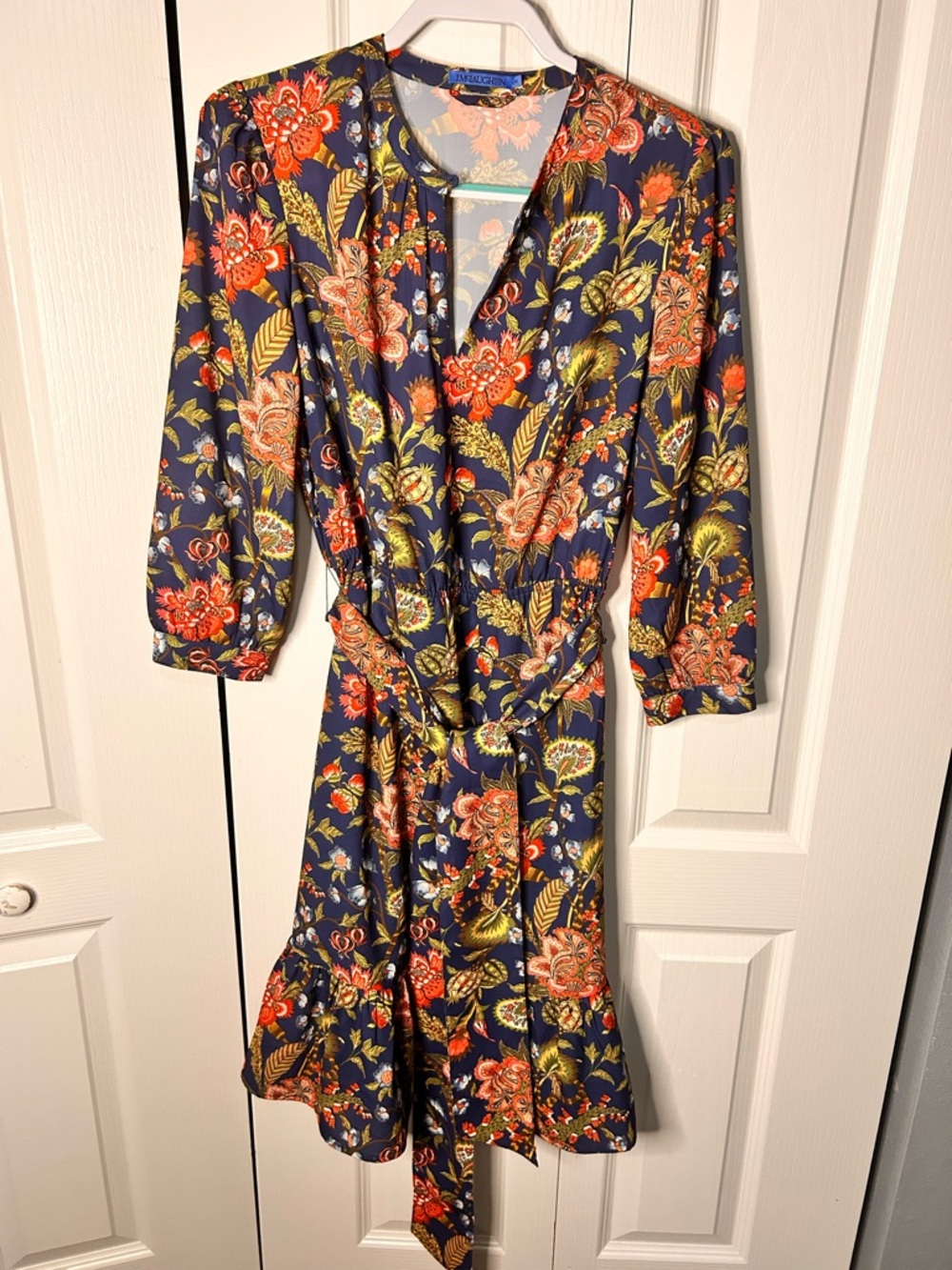 J. McLaughlin Women’s Medium Navy Floral Long Sleeve Midi Dress with‎ Waist Tie